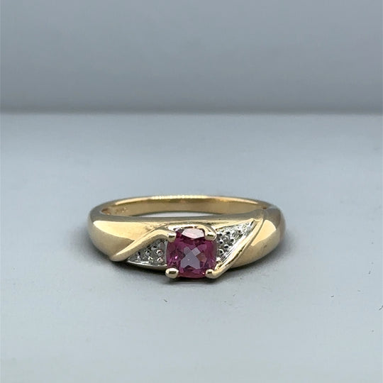 9ct Yellow Gold Diamond and Pink Topaz Ring - Size N
