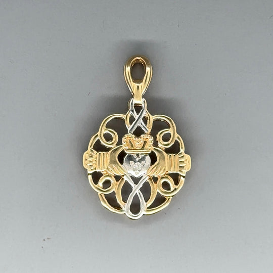 9ct Bi-Colour Single Stone Diamond Claddagh Pendant