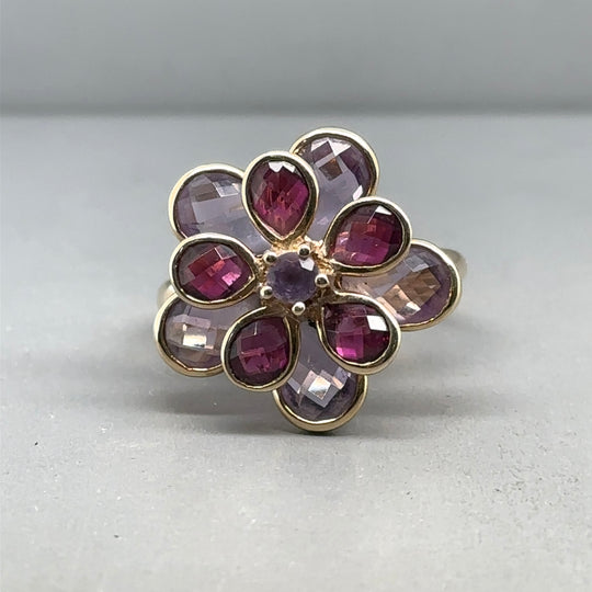 9ct Yellow Gold Amethyst and Tourmaline Ring - Size O