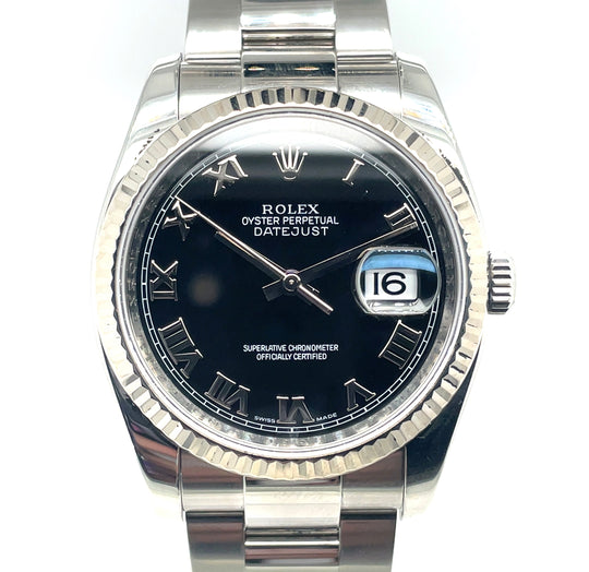 Pre-Owned Stainless Steel Black Dial Datejust Rolex (Gents)