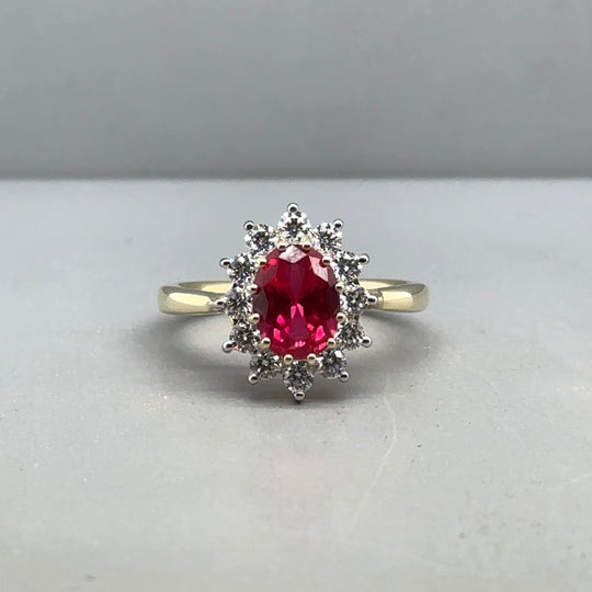 9ct Yellow Gold Lab Grown Diamond and Ruby Cluster Ring (c. 0.47ct) - Size K 1/2 - (NEW!)