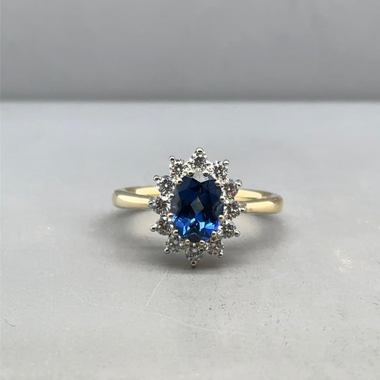 9ct Yellow Gold Lab Grown Diamond and Sapphire Cluster Ring (c. 0.47ct) - Size M 1/2 (NEW!)