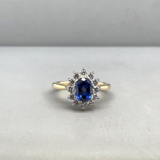 9ct Yellow Gold Lab Grown Diamond and Sapphire Cluster Ring (c. 0.47ct) - Size K 1/2 (NEW!)