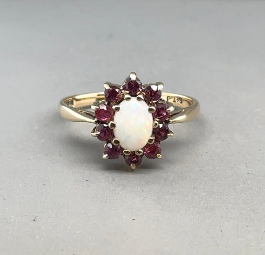 9ct Yellow Gold Opal and Spinel Ring - Size N 1/2