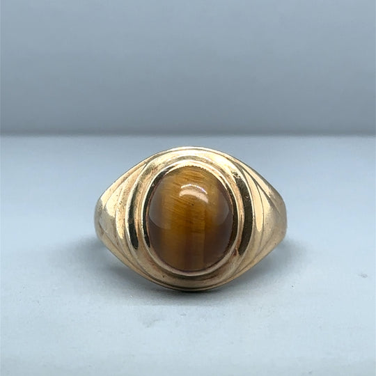 9ct Yellow Gold Tigers Eye Ring - Size T 1/2