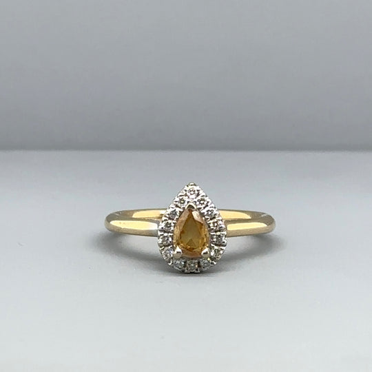 18ct Yellow Gold Diamond and Yellow Sapphire Pear Shaped Ring - Size J