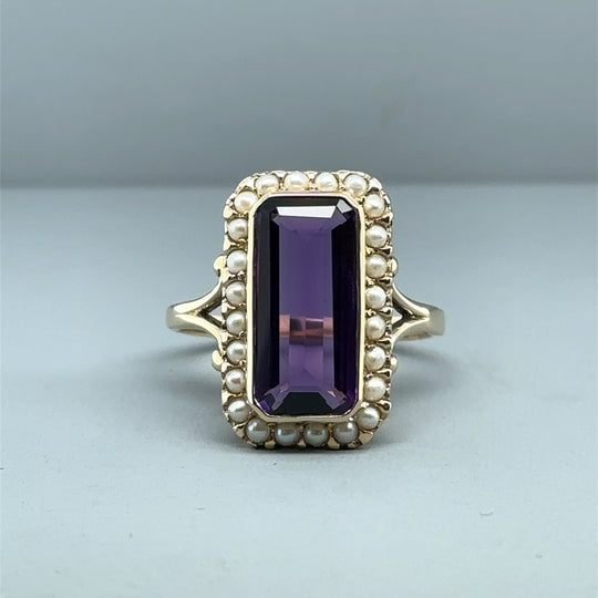 9ct Yellow Gold Amethyst and Pearl Ring - Size O