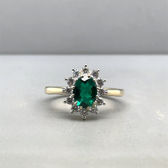 9ct Yellow Gold Lab Grown Diamond and Emerald Cluster Ring (c. 0.47ct) - Size M - (NEW!)