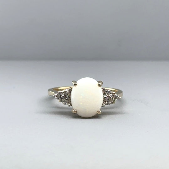 9ct Yellow Gold Opalite and Diamond Ring - Size N