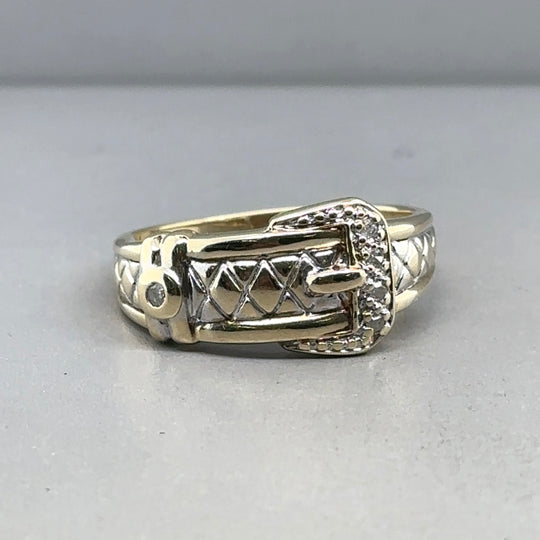 9ct Yellow Gold Cubic Zirconia Buckle Ring - Size S