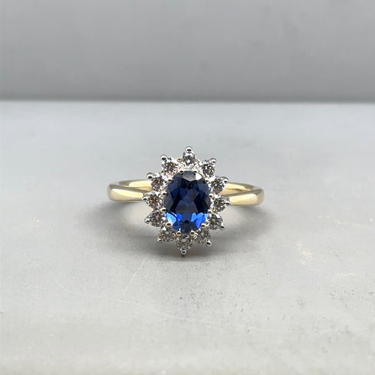 9ct Yellow Gold Lab Grown Diamond and Sapphire Cluster Ring (c. 0.47ct) - Size N 1/2 (NEW!)