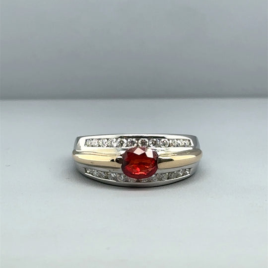 14ct Bi-Colour Red Topaz and Diamond Ring (c. 0.20 - 0.25ct) - Size M