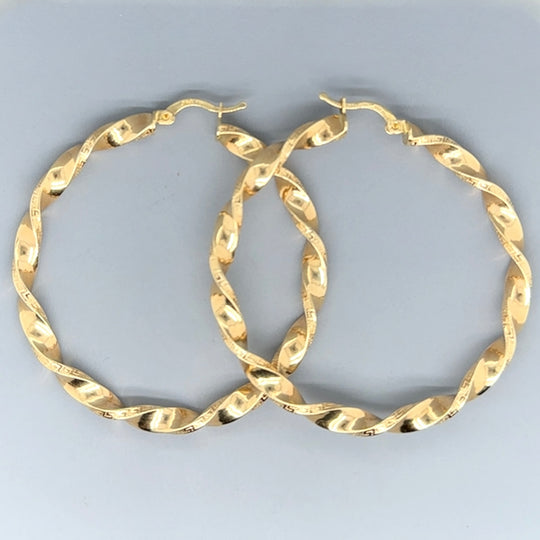 14ct Yellow Gold Greek Key Twist Hoop Earrings (NEW!)