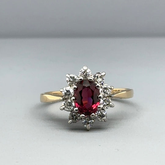 9ct Yellow Gold Red and White Cubic Zirconia Cluster Ring - Size O