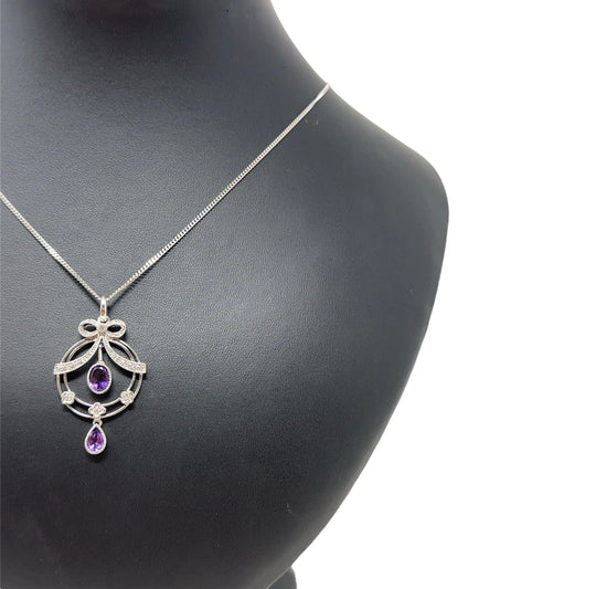 9ct White Gold Diamond and Amethyst Pendant and Chain (c. 0.25ct) (24")