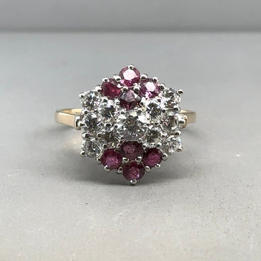 9ct Yellow Gold Red and White Cubic Zirconia Cluster Ring - Size Q