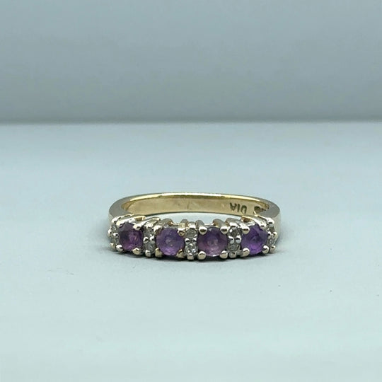 9ct Yellow Gold Amethyst and Diamond Ring (c. 0.10 - 0.15ct) - Size J