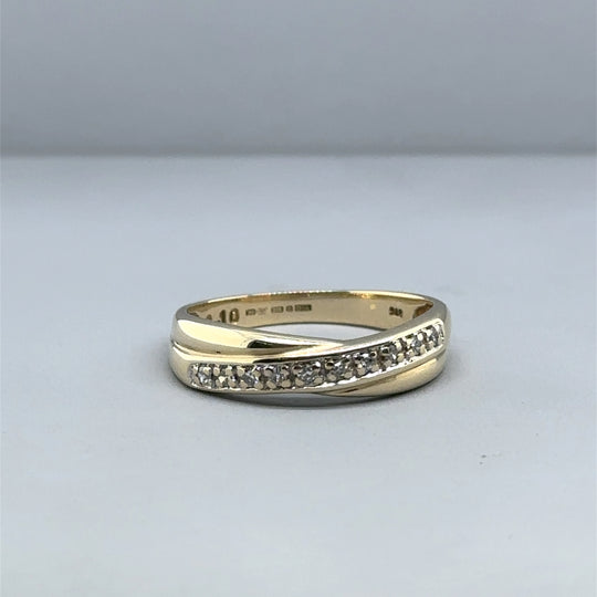 9ct Yellow Gold Diamond Cross Over Ring - Size N