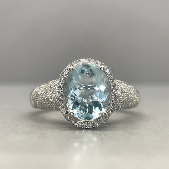 9ct White Gold Blue Quartz and Diamond Ring (c. 1.10ct) - Size R