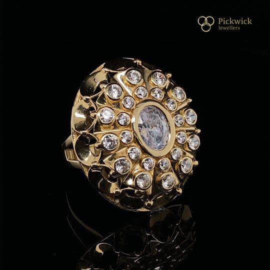 14ct Yellow Gold Cubic Zirconia Cluster Dress Cut Ring - Size P 1/2 (NEW!)